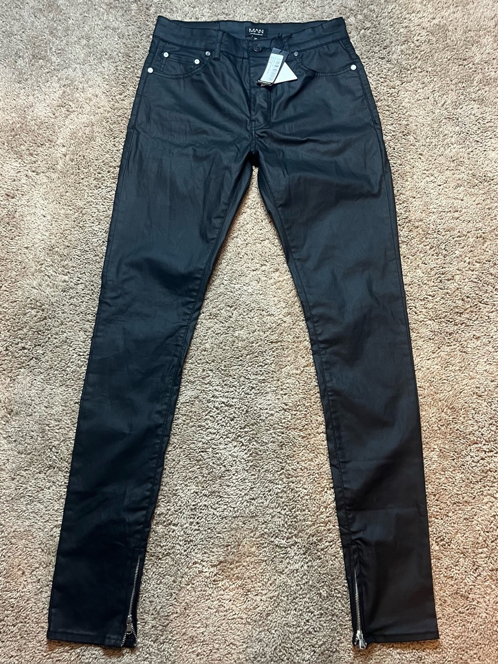 Boohooman Black Skinny Stacked Zip Hem Wax Coated Jeans Mens size 32